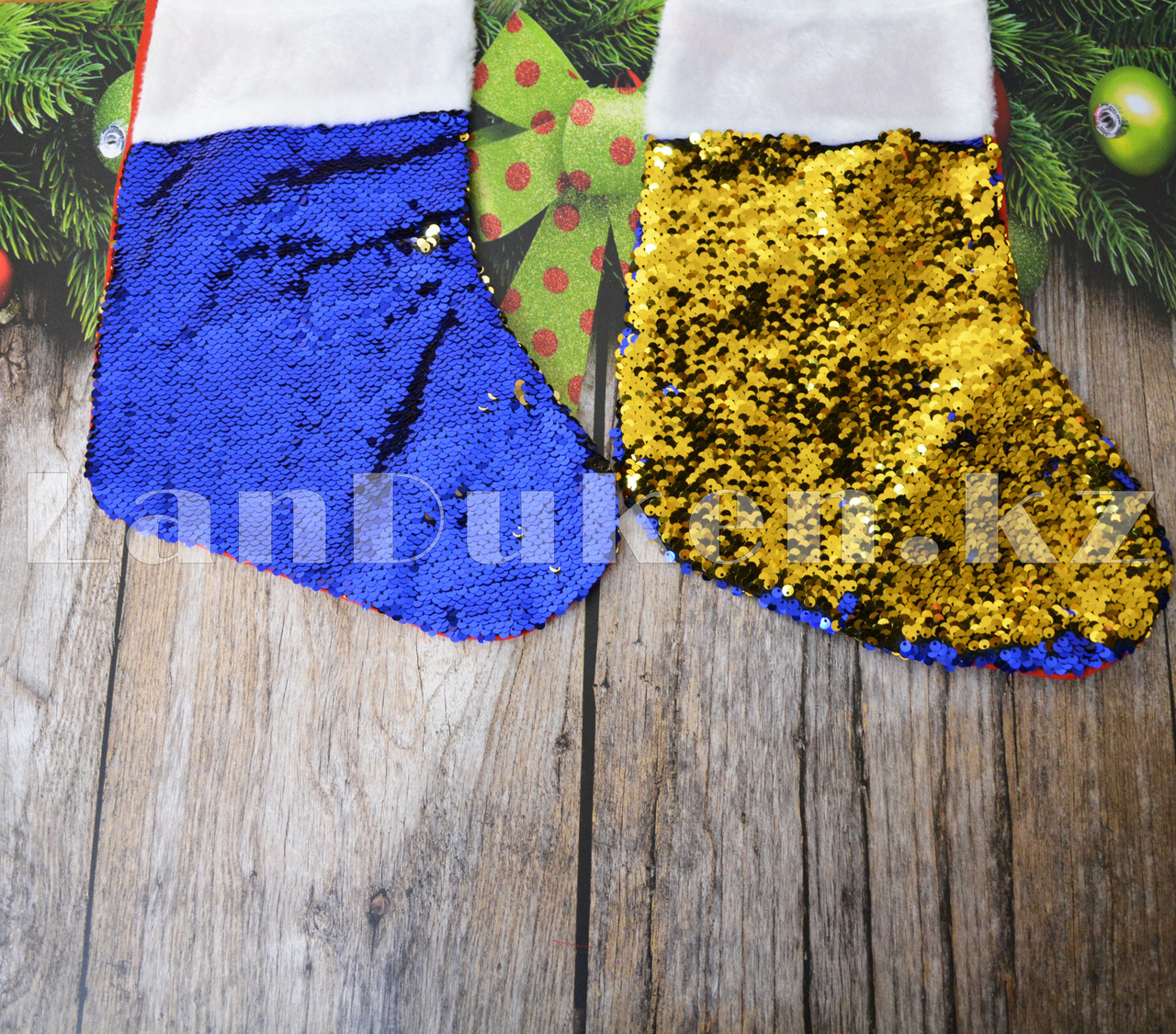 Новогодний чулок для конфет, рождественский носок, носок для подарков (пайетки: синий и золотой) - фото 3 - id-p70403281