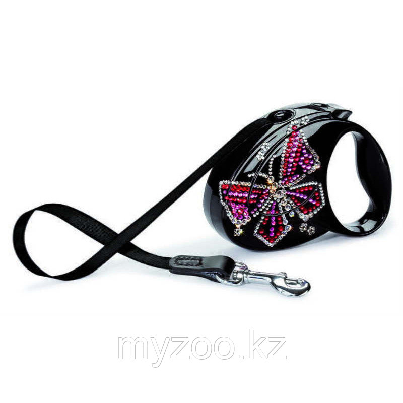 Рулетка поводок "Flexi Butterfly Small" лента, длина-3м, вес -12кг. Бабочка из кристалов Сваровски на черном ф