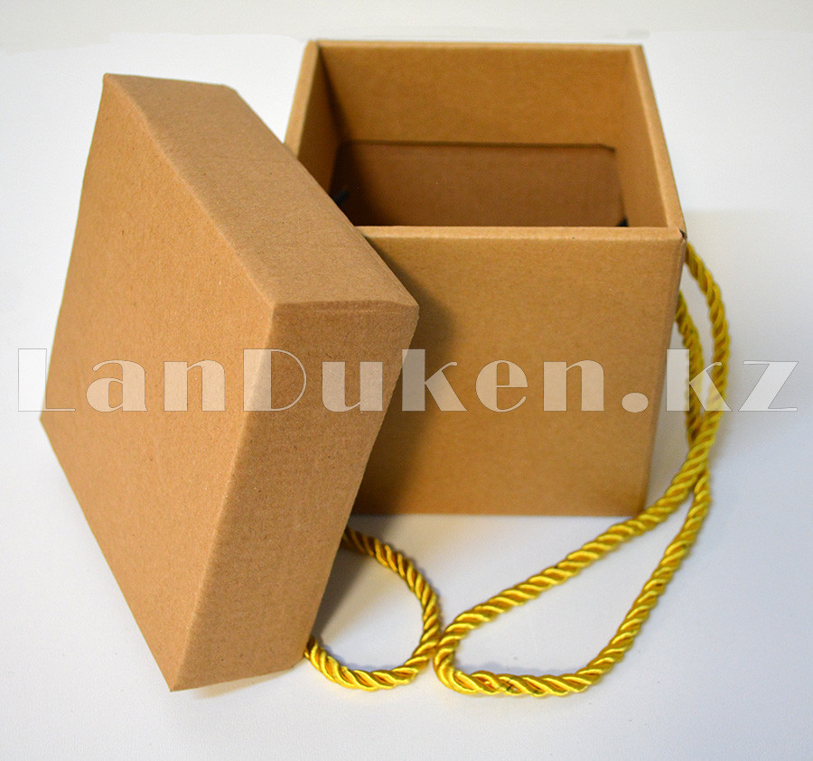 Коробка картонная крафт с отделяемой крышкой с золотистыми шнурками 24см XL - фото 5 - id-p70666363