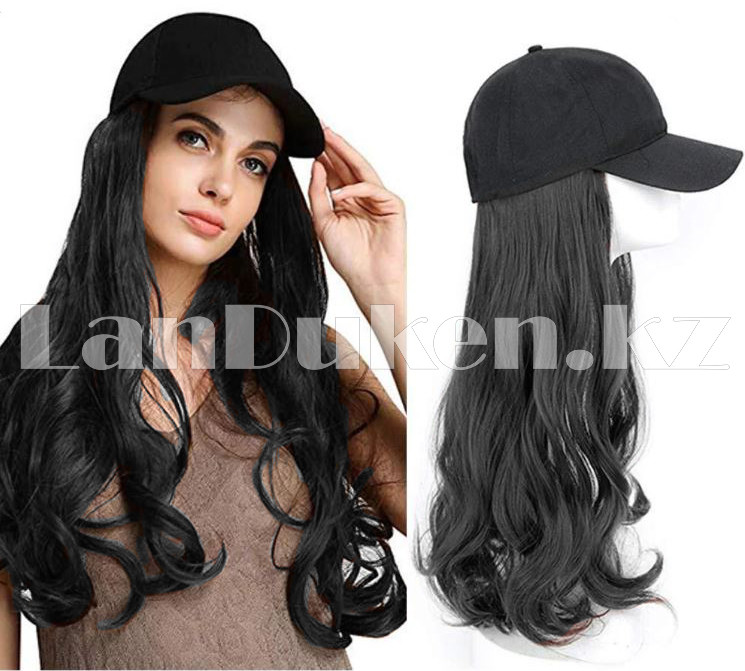 Кепка-парик с волнистыми волосами синтетический черный блестящий 1В