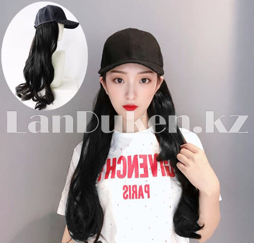 Кепка-парик с волнистыми волосами синтетический черный блестящий