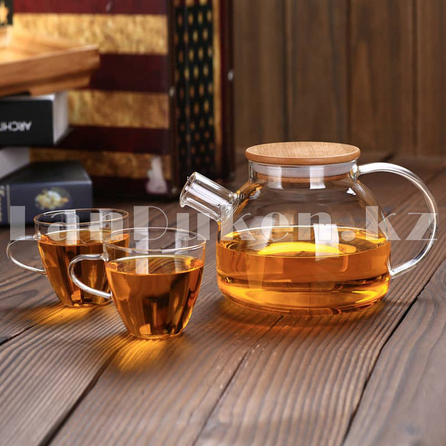 Чайник заварочный стеклянный с ситом на носике и деревянной крышкой 1 L для чая и кофе