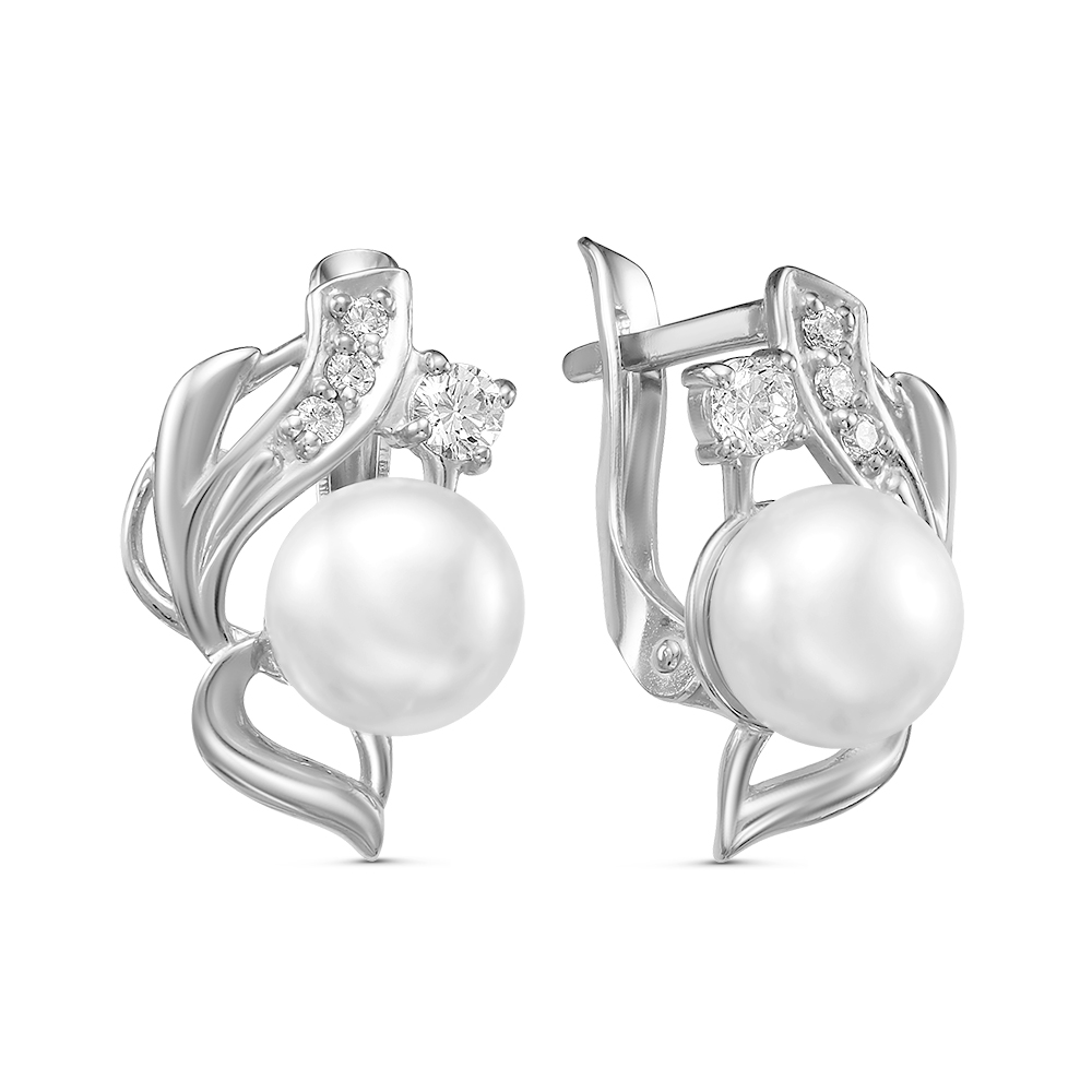 Серьги из серебра с фианитом и жемчугом культ. Красная Пресня 33310834Д