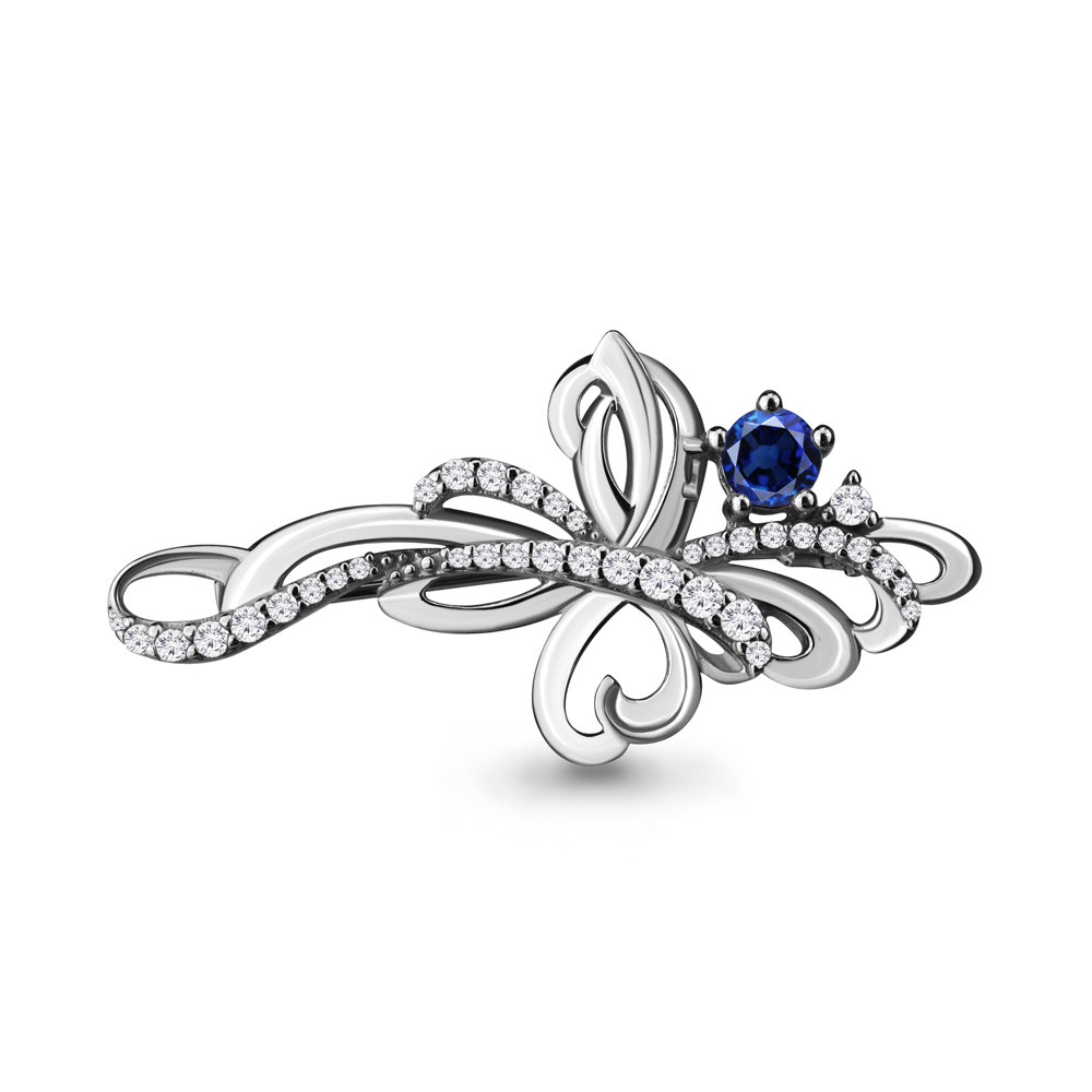 Брошь Aquamarine серебро с родием, сапфир фианит, флора 71507Б