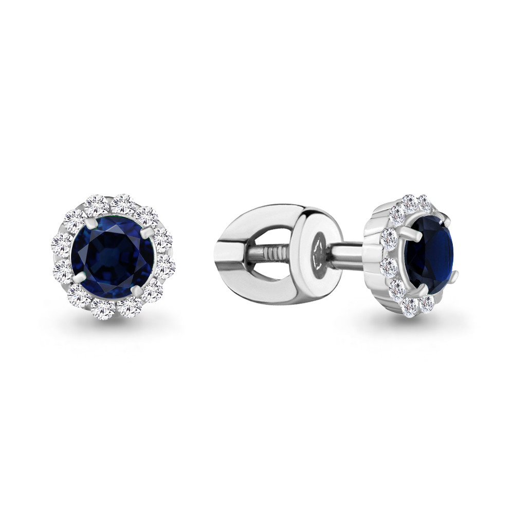 Серьги Aquamarine серебро с родием, сапфир фианит, "halo" 42884Б
