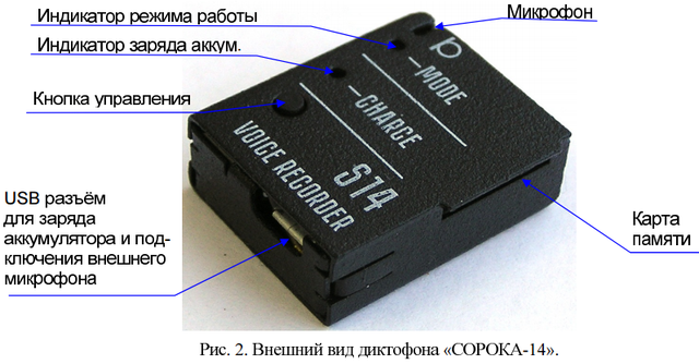 Цифровой мини диктофон c записью на карту памяти Сорока-14.1