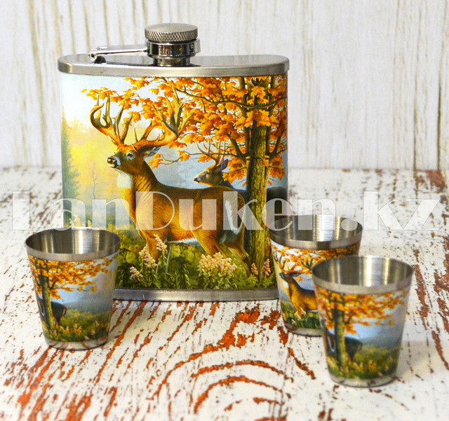 Мужской набор (фляга 7 oz 207 мл, 3 рюмки по 30 мл) с принтом оленя "Книга охотника" TZ-9