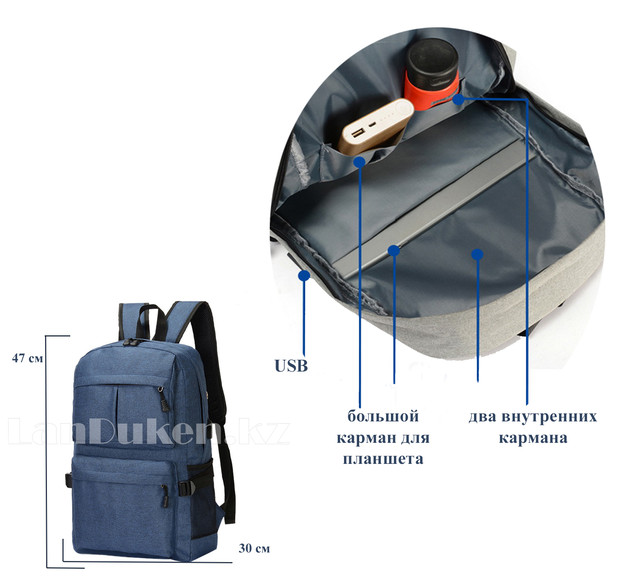Городской рюкзак с USB выходом, рюкзак спортивный школьный большого объема (синий)