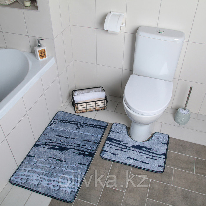 Набор ковриков для ванны и туалета Доляна «Блик», 2 шт: 40×50, 50×80 см, цвет синий