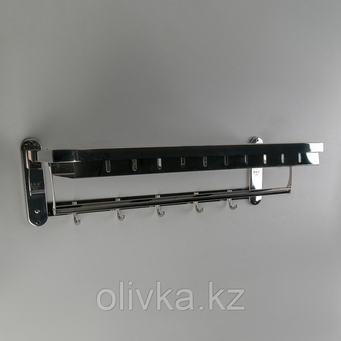 Полка откидная с держателем полотенец, 5 крючков, 59×23,5×18 см, цвет хром