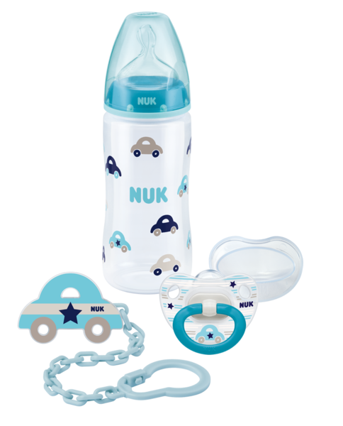 NUK Набор подарочный 3 предмета (бутылка FС+, пустышка, цепочка) голубой