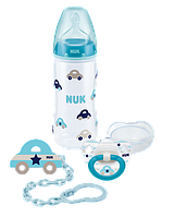 NUK Набор подарочный 3 предмета (бутылка FС+, пустышка, цепочка) голубой