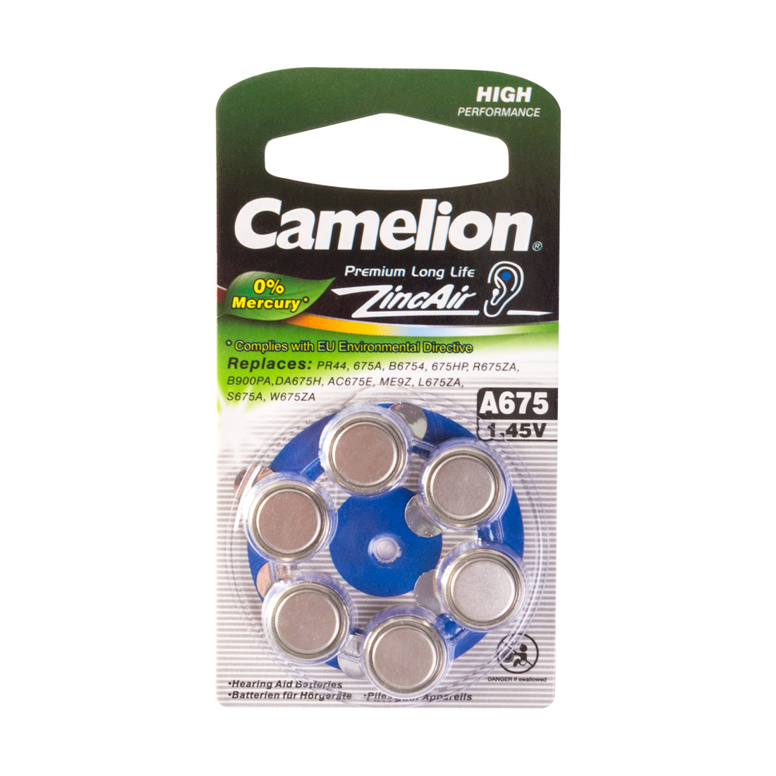 CAMELION A675-BP6(0%Hg) Батарейка Zinc Air, A675, 1.45V, 0% Ртути, 6 шт. в блистере