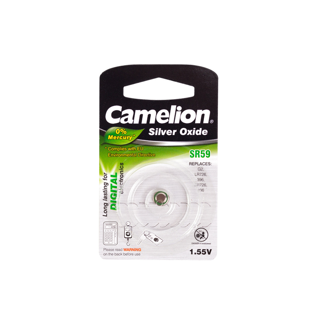 CAMELION SR59-BP1(0%Hg) Батарейка Silver Oxide, 1.55V, 0% Ртути, 1 шт., Блистер