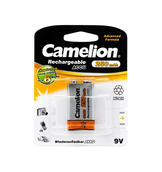 CAMELION NH-9V250BP1 Аккумулятор Rechargeable, Lockbox Rechargeable, 6F22(крона), 9V, 250 mAh, 1 шт., Блистер