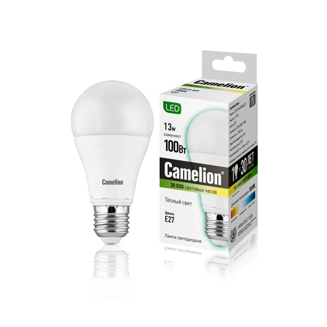 Camelion LED13-A60/830/E27 лампа светодиодная 13Вт, Тип колбы А60, Цвет. температура 3000К, теплый - фото 1 - id-p71553502