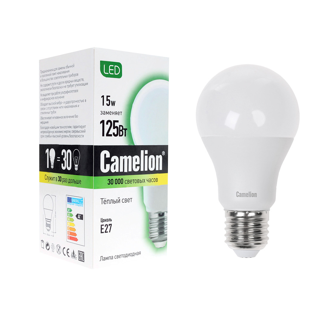 Camelion LED15-A60/830/E27 лампа светодиодная 15Вт, Тип колбы А60, Цвет. температура 3000К, теплый