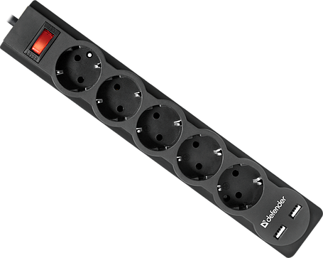Сетевой фильтр Defender DFS 751 - 1,8 М, 2xUSB, 2.1A, 5 outlets, фото 2