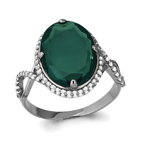 Серебряное кольцо с агатом зеленым и фианитом AQUAMARINE (#690055)