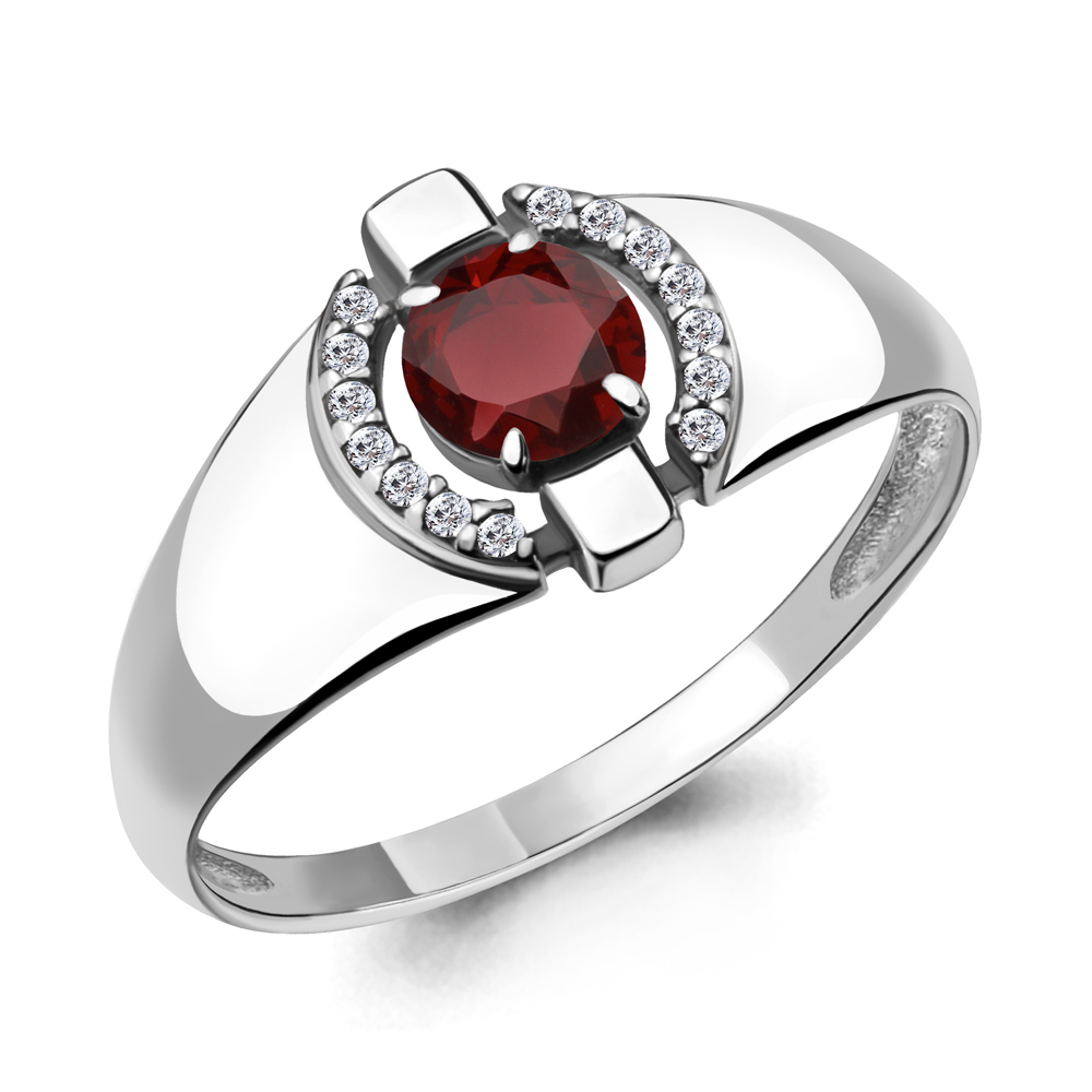 Серебряное кольцо с гранатом и фианитом AQUAMARINE (#700155)