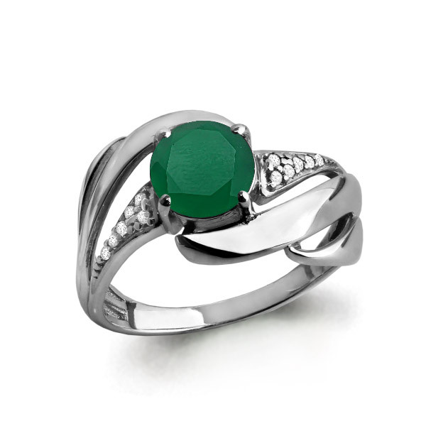 Серебряное кольцо с агатом зелёным и фианитом AQUAMARINE (#582410)