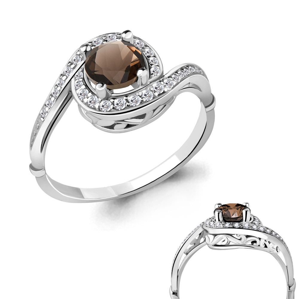 Серебряное кольцо с кварцем дымчатым и фианитом AQUAMARINE (#708940)