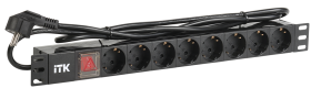 ITK PH12-8D1-P PDU 8 розеток DIN49440 (нем. cтанд.) с LED выключателем, 1U, шнур 2м вилка DIN49441 (нем. станд.), профиль из ПВХ, черный