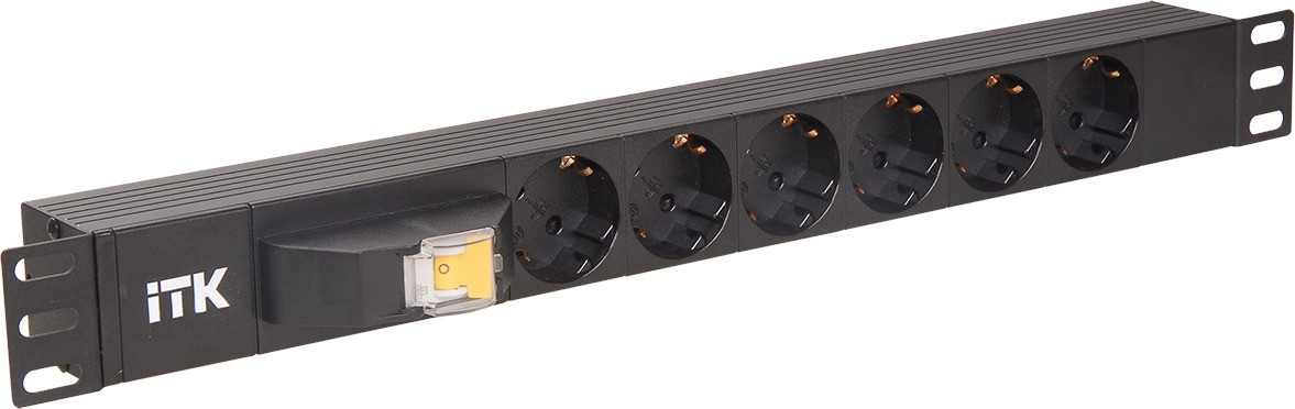 ITK PH12-6D1-P  PDU 6 розеток DIN49440 (нем. cтанд.) с LED выключателем, 1U, шнур 2м вилка DIN49441 (нем. станд.), профиль из ПВХ, черный