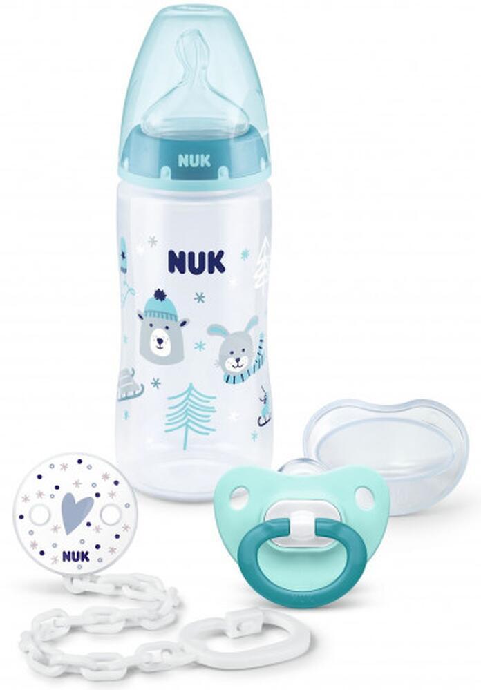 NUK Набор подарочный 3 предмета (бутылка FС+, пустышка, цепочка) ЗИМА голубой