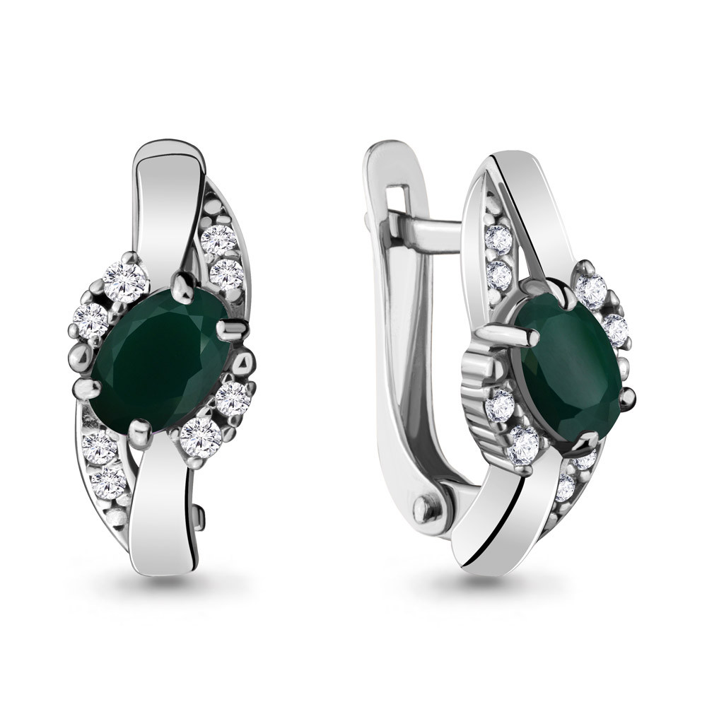 Серебряные серьги-классические с агатом зелёным и фианитом AQUAMARINE (#709053)