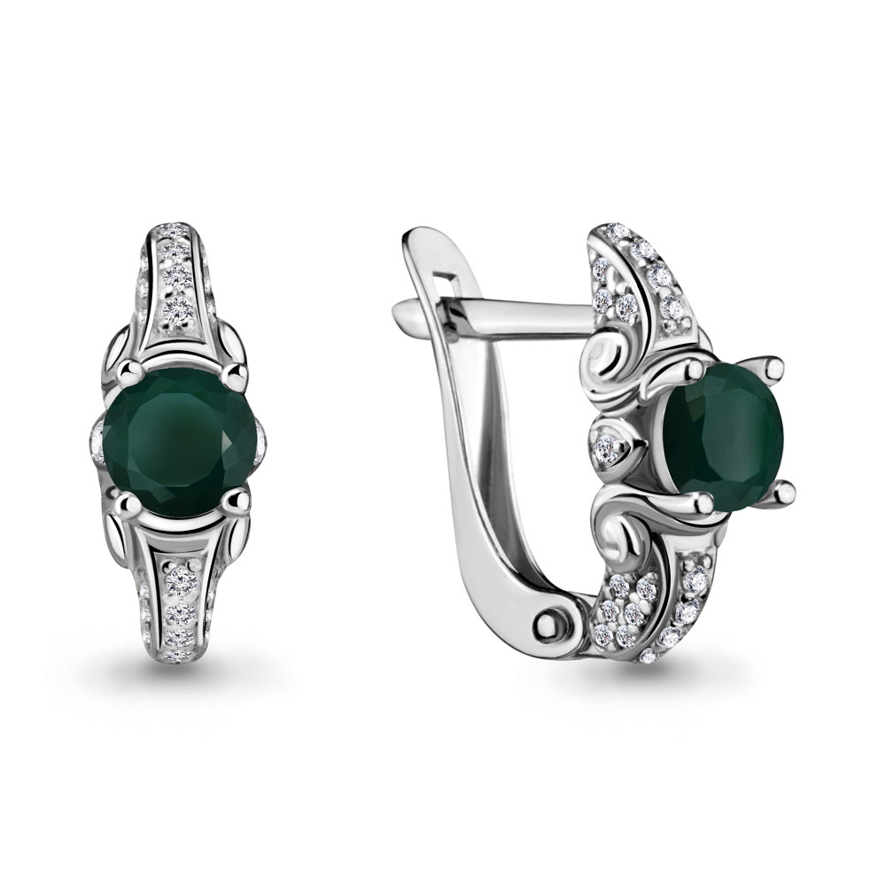 Серебряные серьги-классические с агатом зеленым и фианитом AQUAMARINE (#407351)