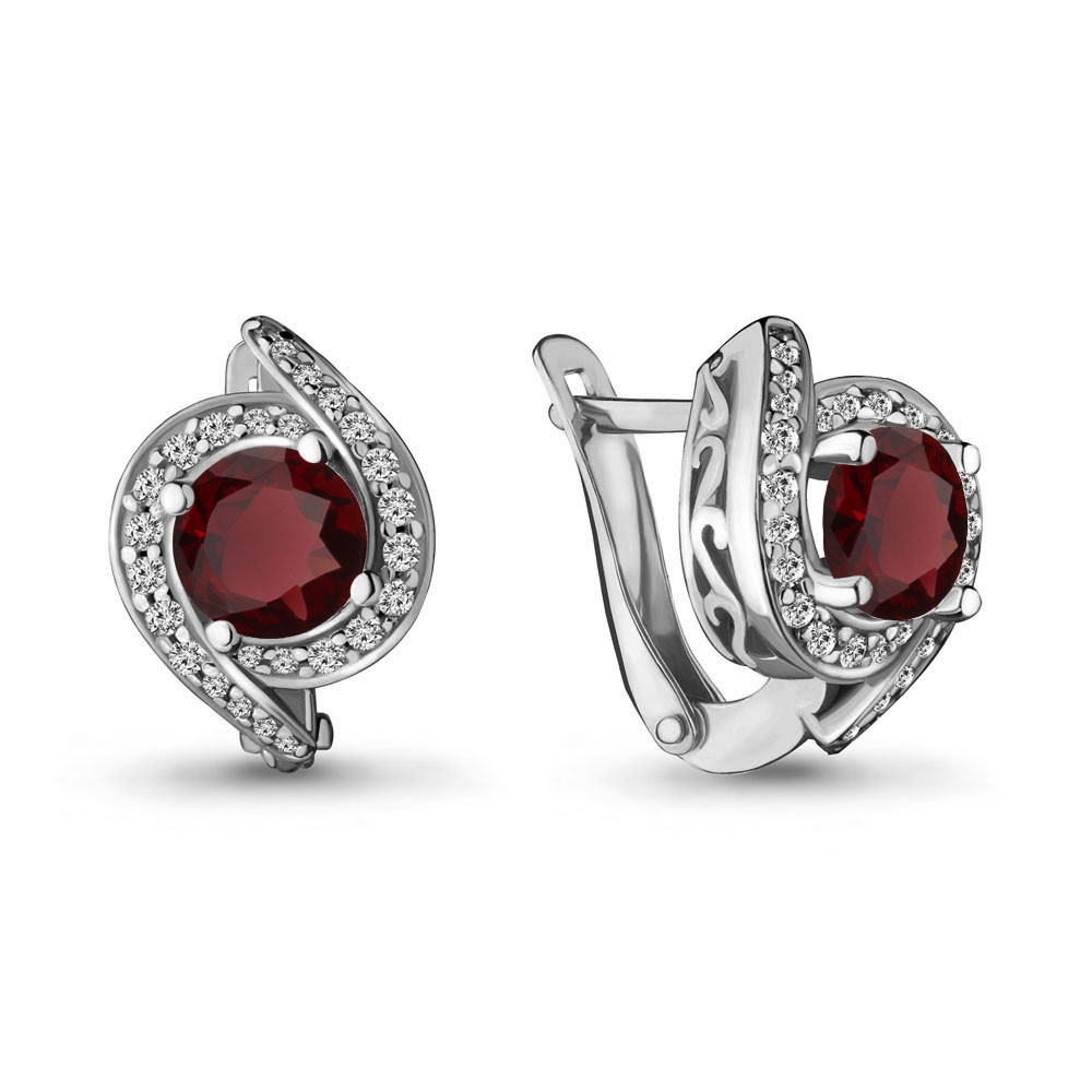 Серебряные серьги-классические с гранатом и фианитом AQUAMARINE (#698471)