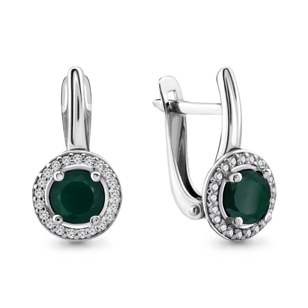 Серебряные серьги-классические с агатом зелёным AQUAMARINE (#690050)