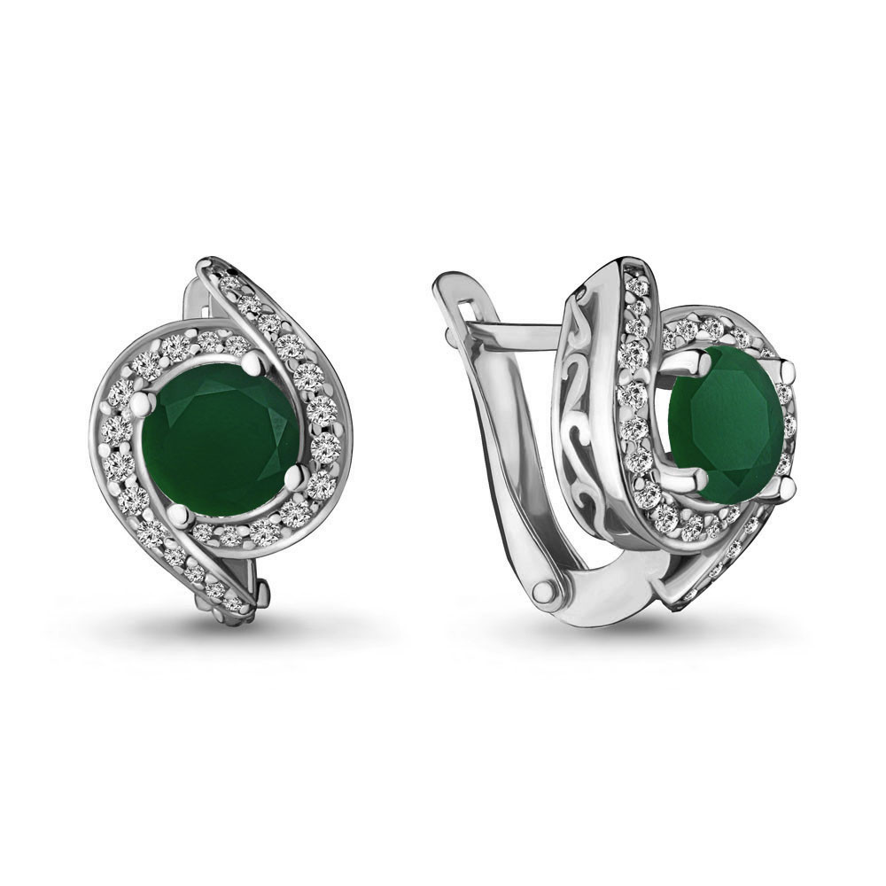 Серебряные серьги-классические с агатом зелёным и фианитом AQUAMARINE (#698472)