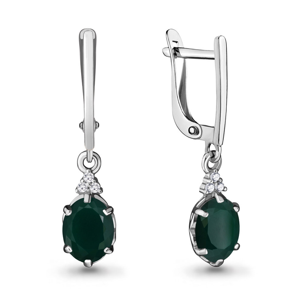 Серебряные Серьги-подвески с агатом зелёным и фианитом AQUAMARINE (#703622)
