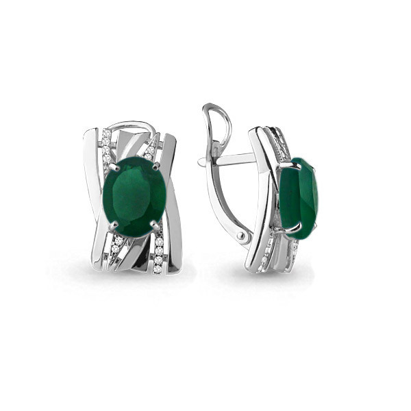 Серебряные серьги-классические с агатом зелёным и фианитом AQUAMARINE (#630549)