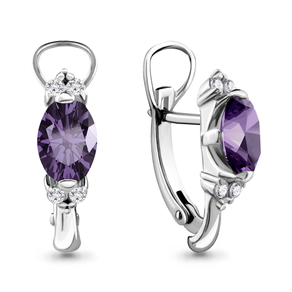Серебряные серьги-классические с аметистом и фианитом AQUAMARINE (#407742)