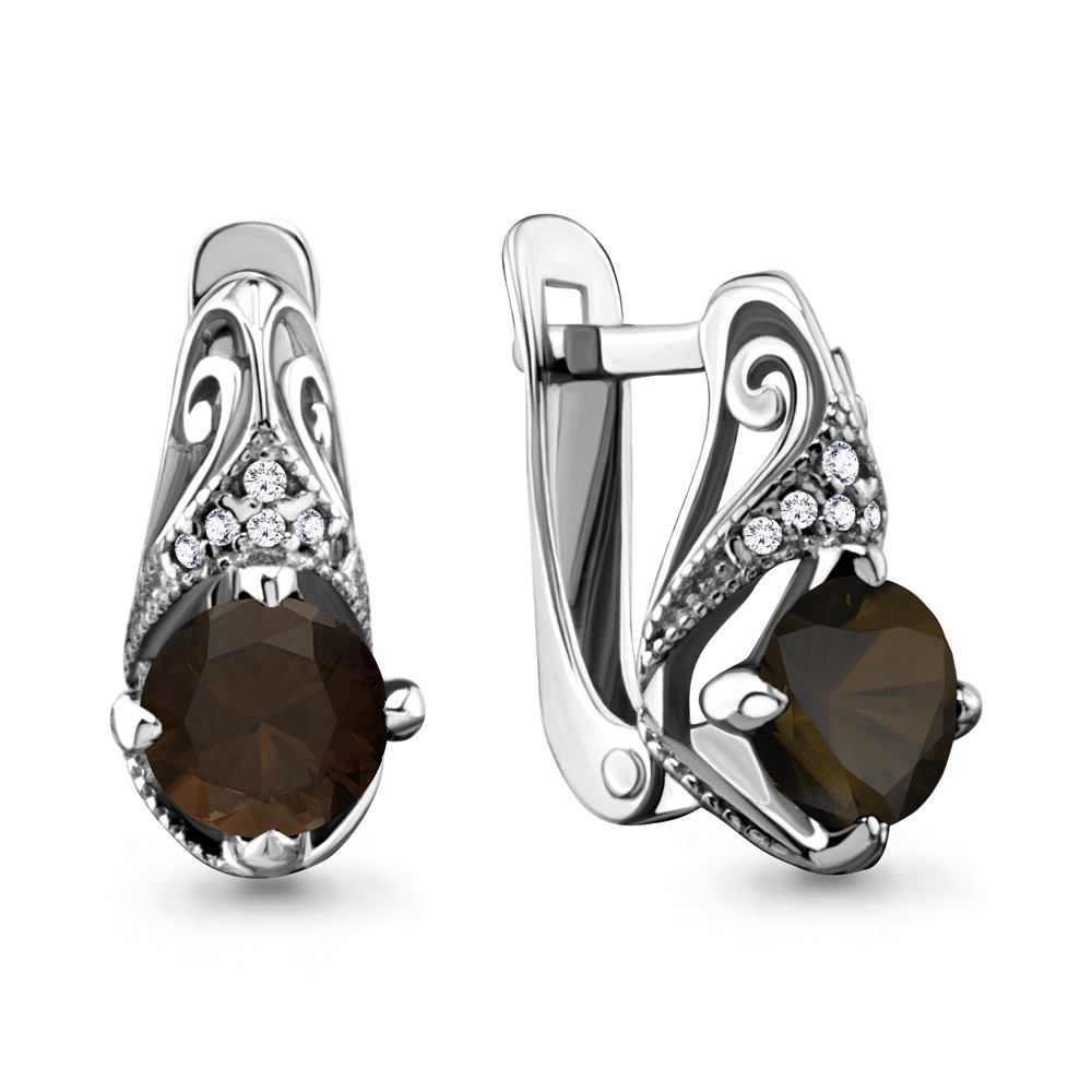 Серебряные серьги-классические с кварцем дымчатым и фианитом AQUAMARINE (#708913)