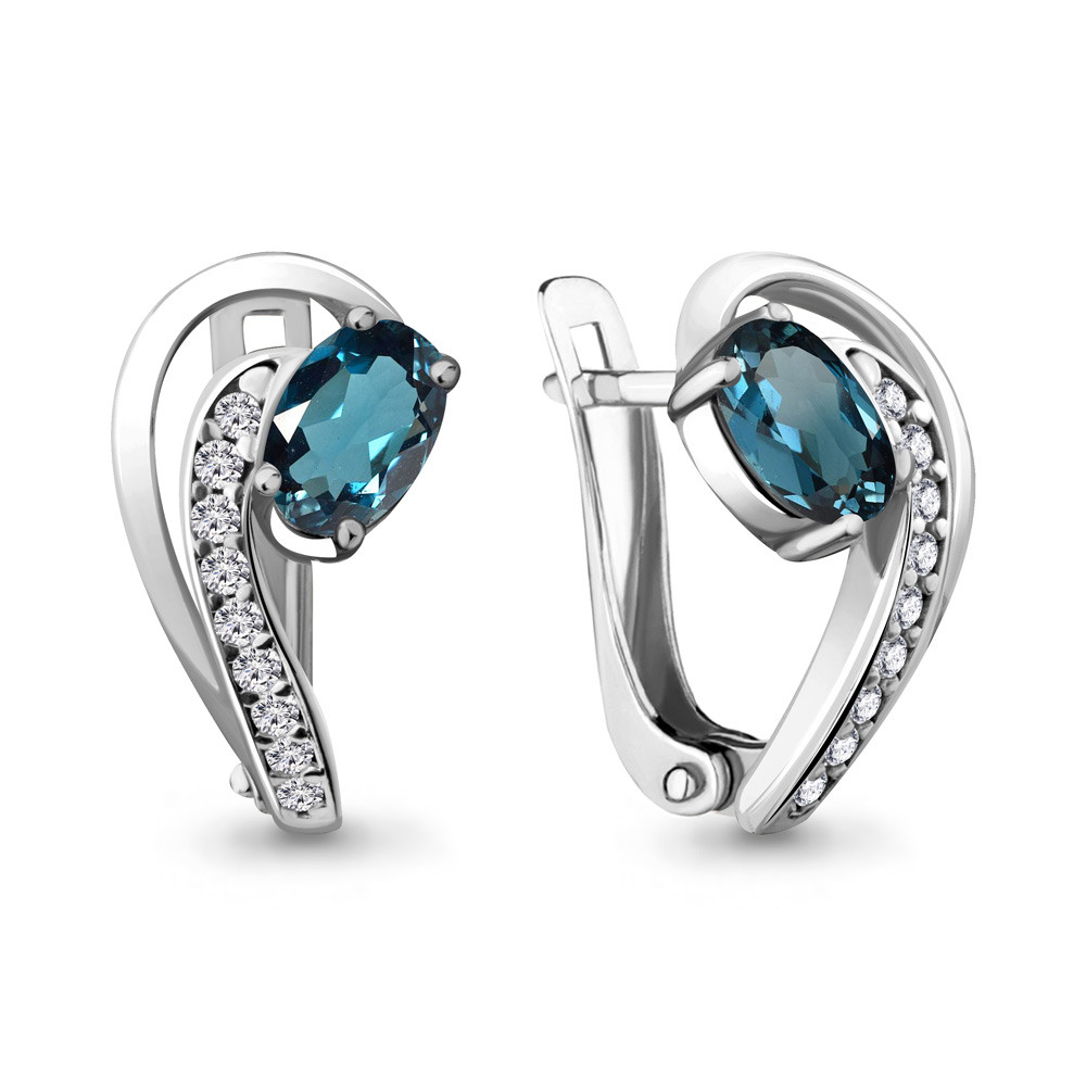 Серебряные серьги-классические с топазом лондон и фианитом AQUAMARINE (#709056)