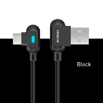 Кабель USB Type-C 2.4 А QC 90° со светодиодной подсветкой для быстрой зарядки VENROII (Черный / 2 метра)