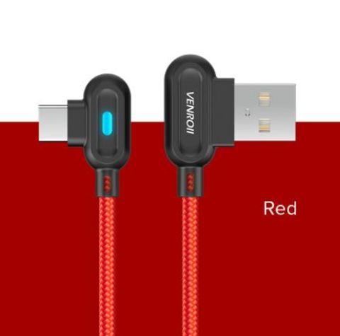Кабель USB Type-C 2.4 А QC 90° со светодиодной подсветкой для быстрой зарядки VENROII (Красный / 2 метра) - фото 1 - id-p71731554