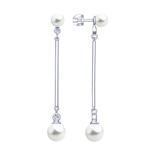 Серебряные серьги-протяжки с жемчугом имитированным и фианитом Swarovski SOKOLOV (94022958)
