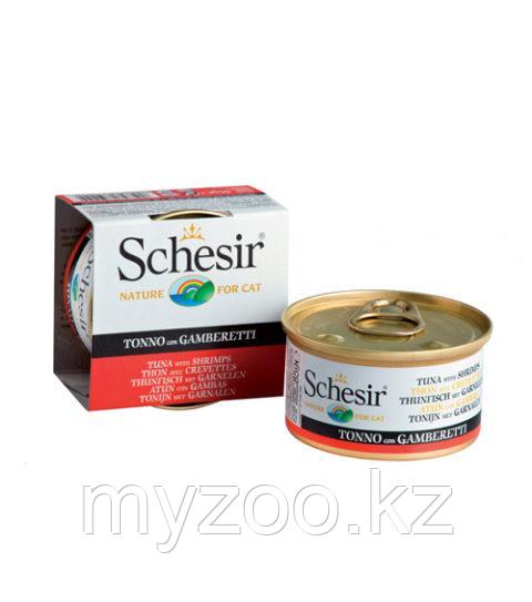 Schesir Шезир банка для кошек ТУНЕЦ-КРЕВЕТКИ в желе 85 гр