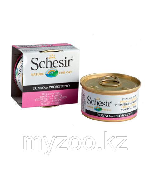 Schesir Шезир банка для кошек ТУНЕЦ-ВЕТЧИНА в желе 85 гр