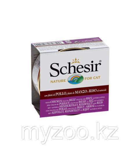 Schesir Шезир банка для кошек ЦЫПЛЁНОК-ГОВЯДИНА-РИС в желе 85 гр