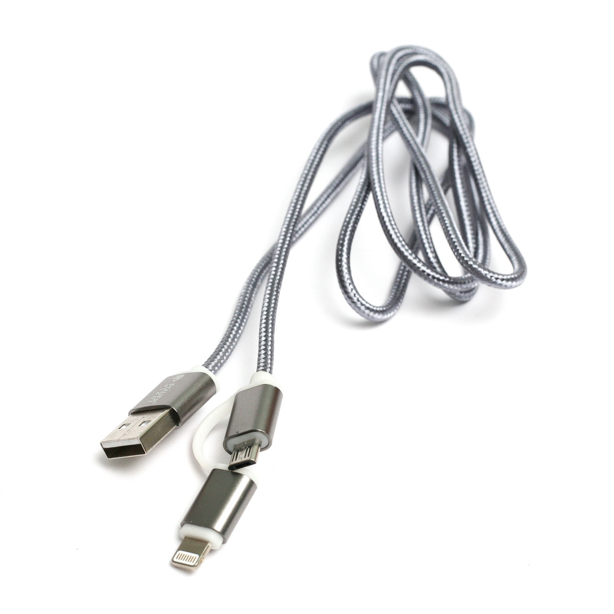 Kабель PowerPlant Quick Charge 2A 2-в-1 cotton USB 2.0 AM – Lightning/Micro 1м grey