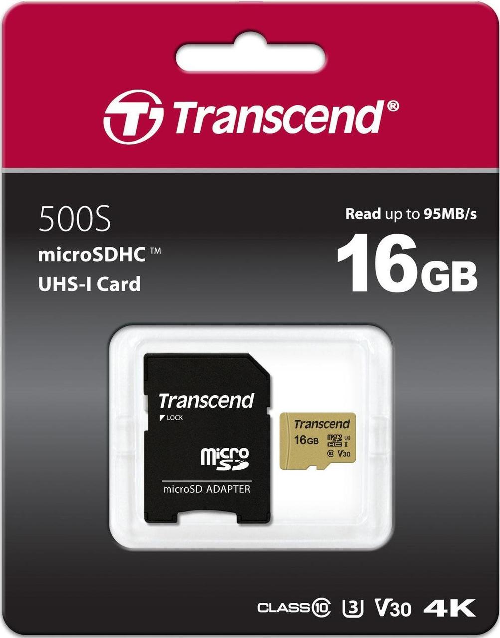 Transcend TS16GUSD500S Карта памяти MicroSD 16GB Class 10 U3 с адаптером