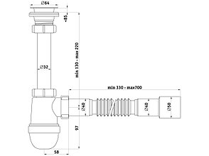 Сифон для умывальника бутылочный 1 1/4"х40 с гофрой 40х40/50 L=320-710 мм выпуск нерж. решетка D=65 мм Ани, фото 2