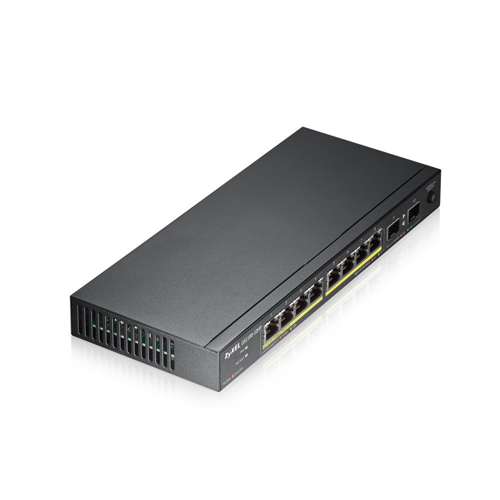 Zyxel GS1100-10HP Коммутатор PoE+  8xGE PoE+, 2xSFP, настольный, бесшумный, бюджет PoE 130 Вт