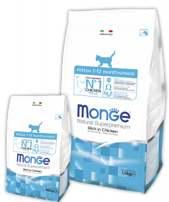 4862 Monge Kitten Superpremium, Монже корм для котят до 12 мес, беременных и кормящих кошек, уп. 400гр.